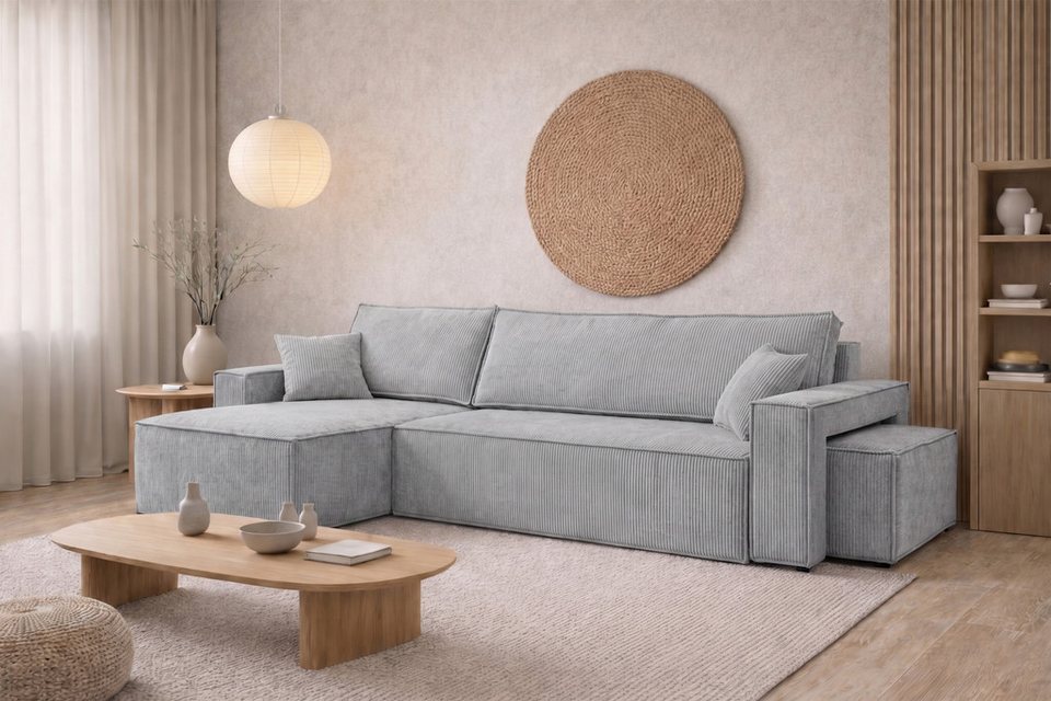 Cord Ecksofa BEST L in Hellgrau mit Pouf