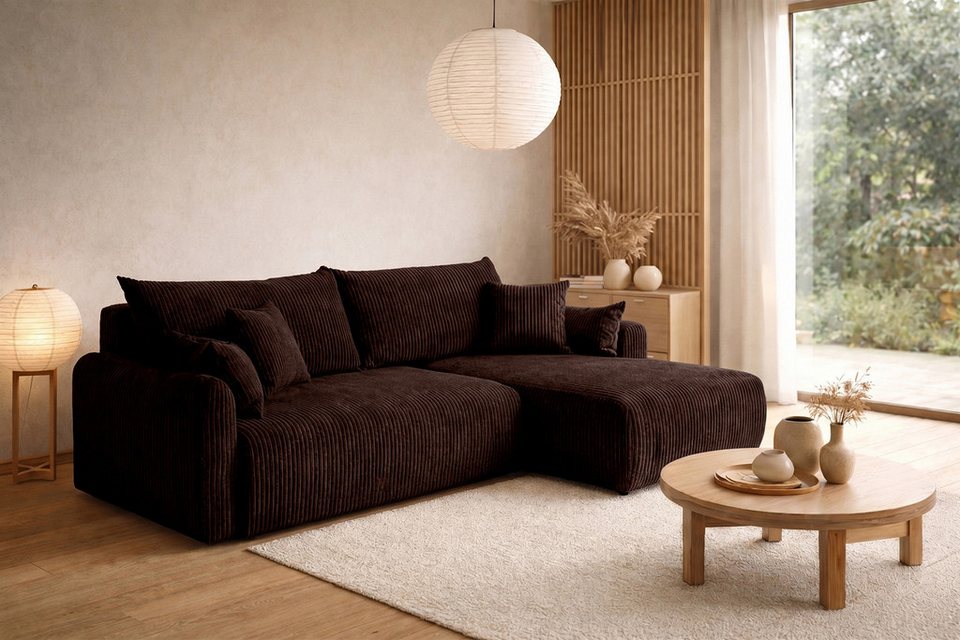 Cord Ecksofa JAPANDI in Braun mit Schlaffunktion