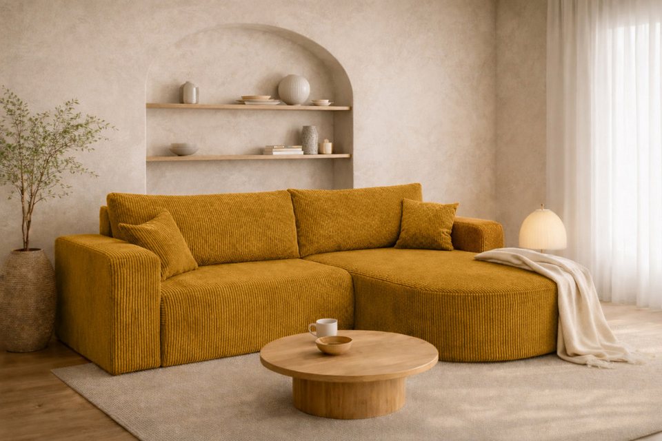 Cord Ecksofa ROUND ONE in Senffarbe mit abgerundeter Form
