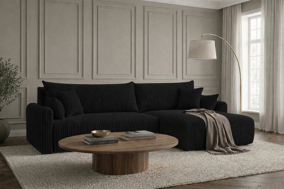 Cord Ecksofa JAPANDI in Schwarz mit Schlaffunktion und Bettkasten
