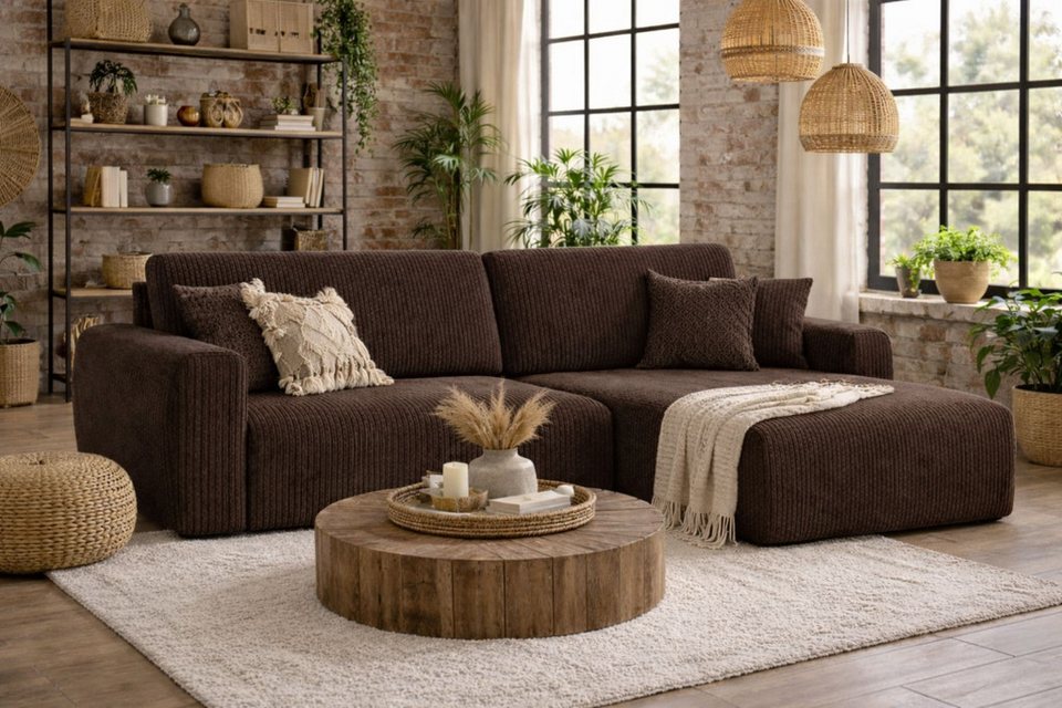 Cord Ecksofa ARIEL L in Braun mit Ottomane rechts