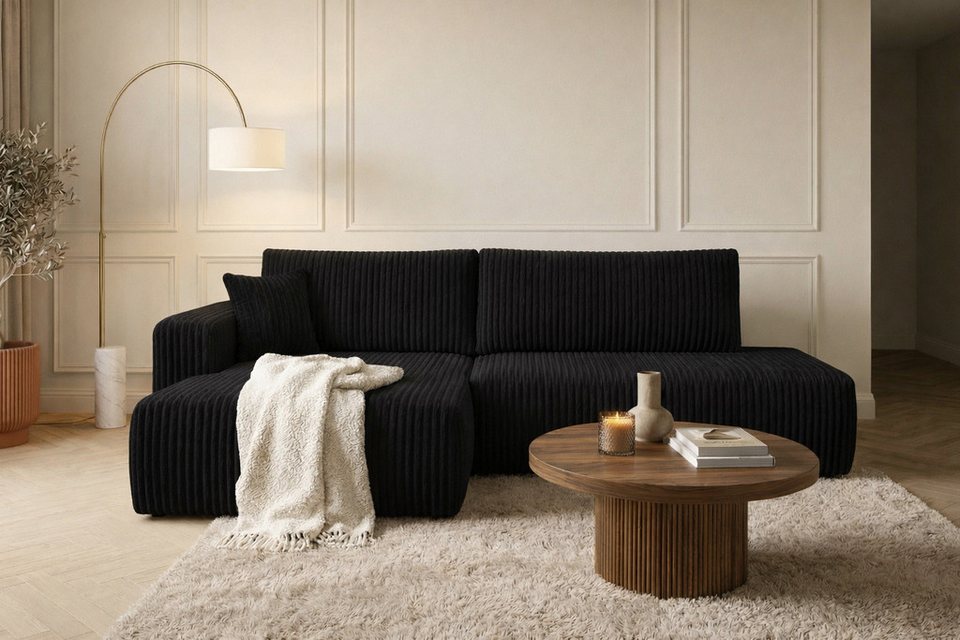 Cord Ecksofa OPEN XL in Schwarz mit Ottomane links