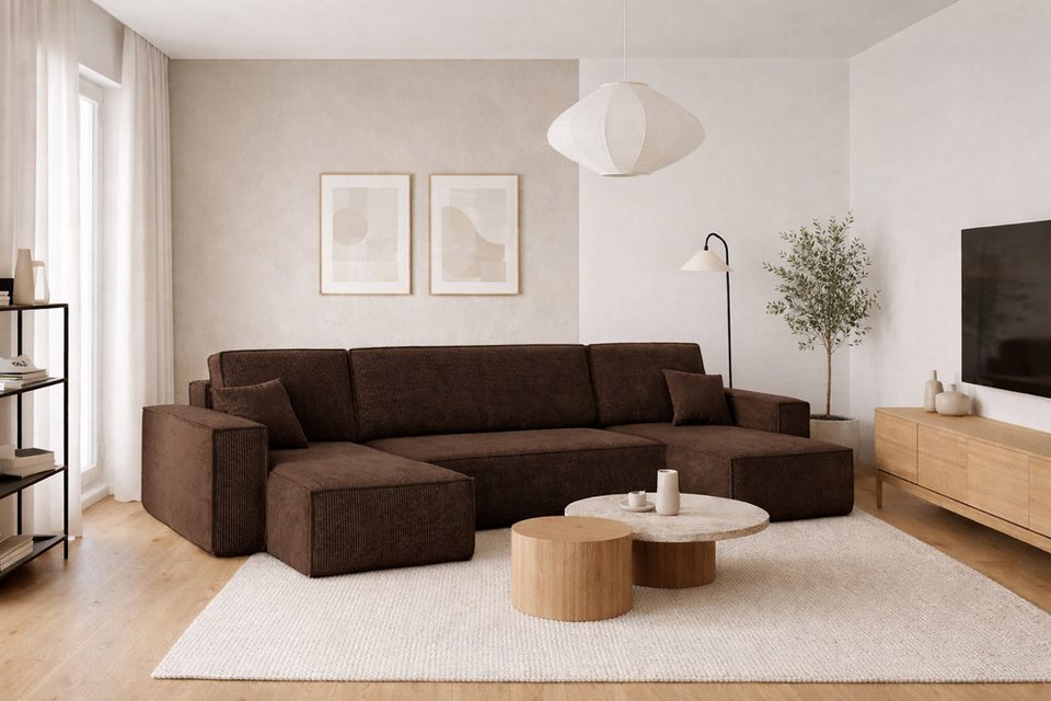 Cord Ecksofa BEST in U-Form in Braun mit Schlaffunktion