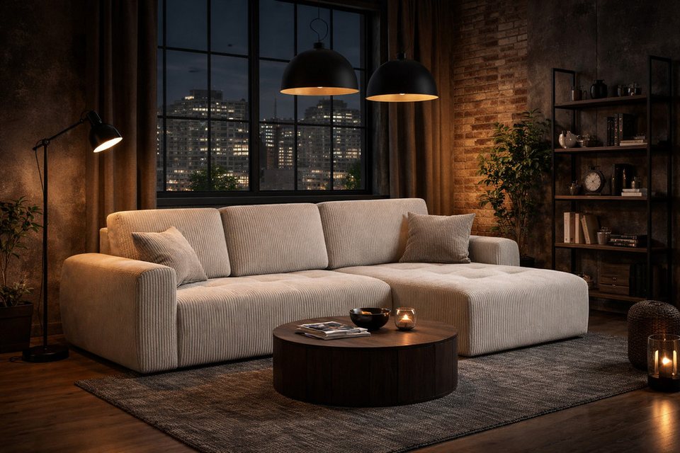 Cord Ecksofa IVO L in Beige mit Schlaffunktion und Bettkasten