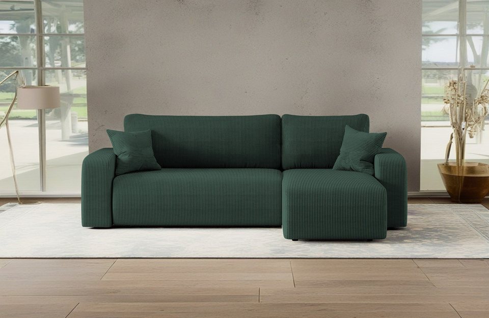 Cord Ecksofa MILANO L in Grün mit Ottomane rechts