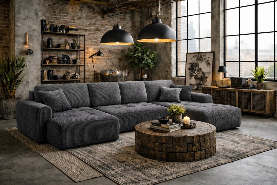 Cord Wohnlandschaft IVO U in U-Form aus Cordstoff Poso in Grau