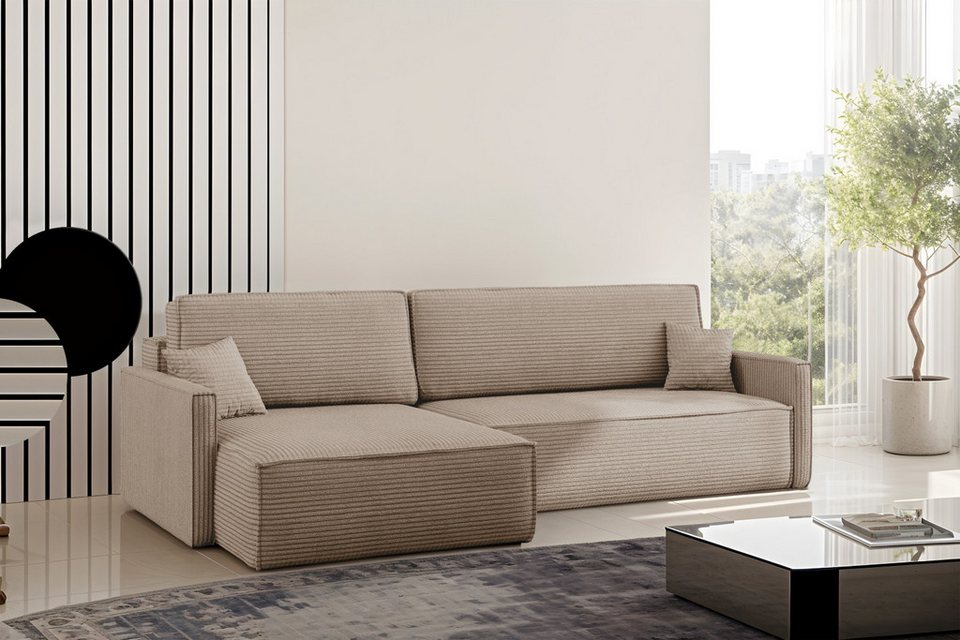 Cord Ecksofa CARLOS in Dunkelbeige in L-Form mit Ottomane