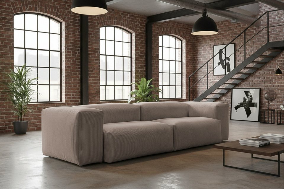 KAWOLA Cord Sofa CELESTE 302 cm in Taupe von vorne