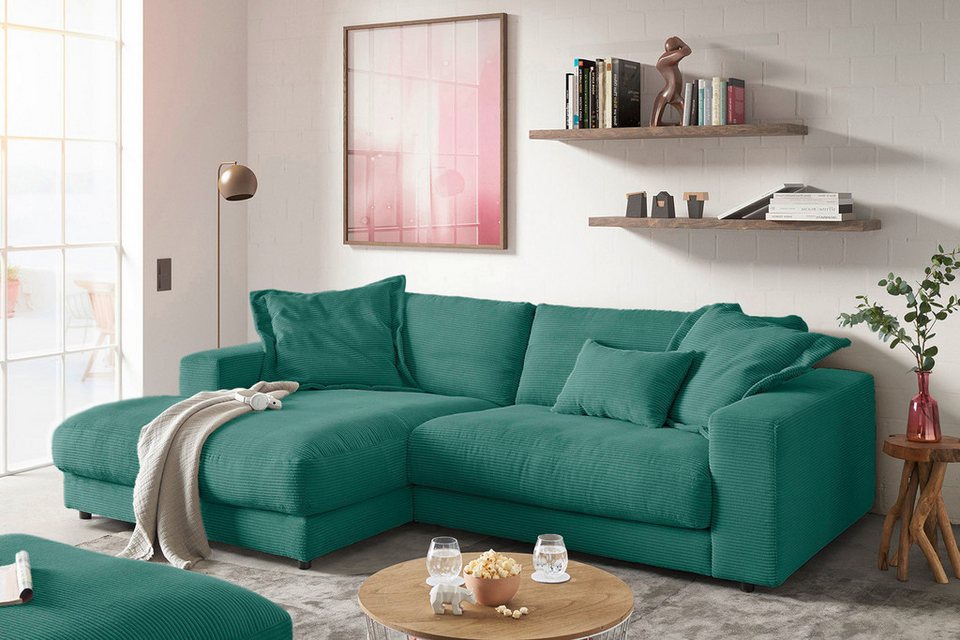 Cord Ecksofa MADELINE in Smaragd mit Longchair
