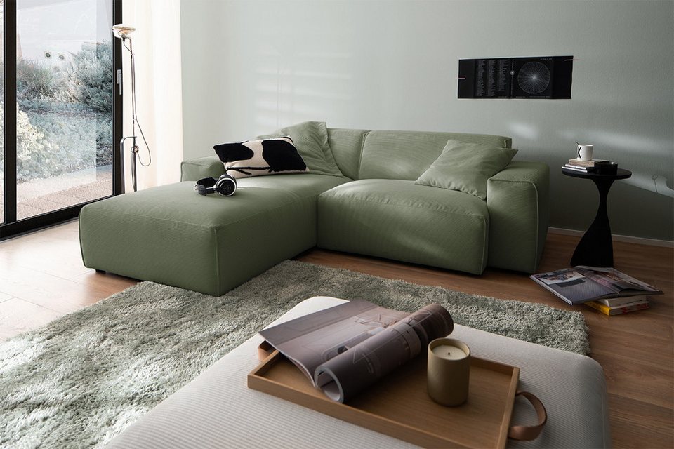 Cord Ecksofa RANI in L-Form in Olivgrün