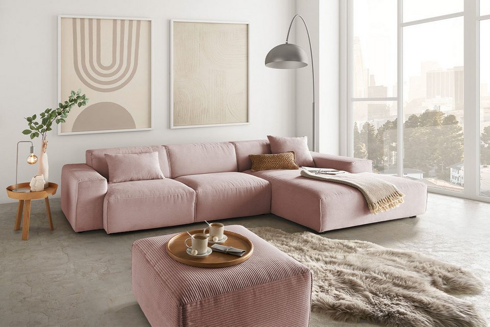 Cord Ecksofa RANI 299 cm in Rosa mit Recamiere