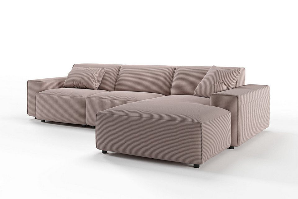 Detailansicht des rosa Cordbezugs am Ecksofa RANI