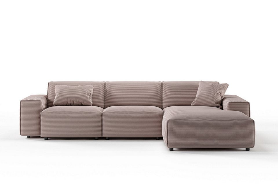 Cord Ecksofa RANI in Rosa von der Seite fotografiert