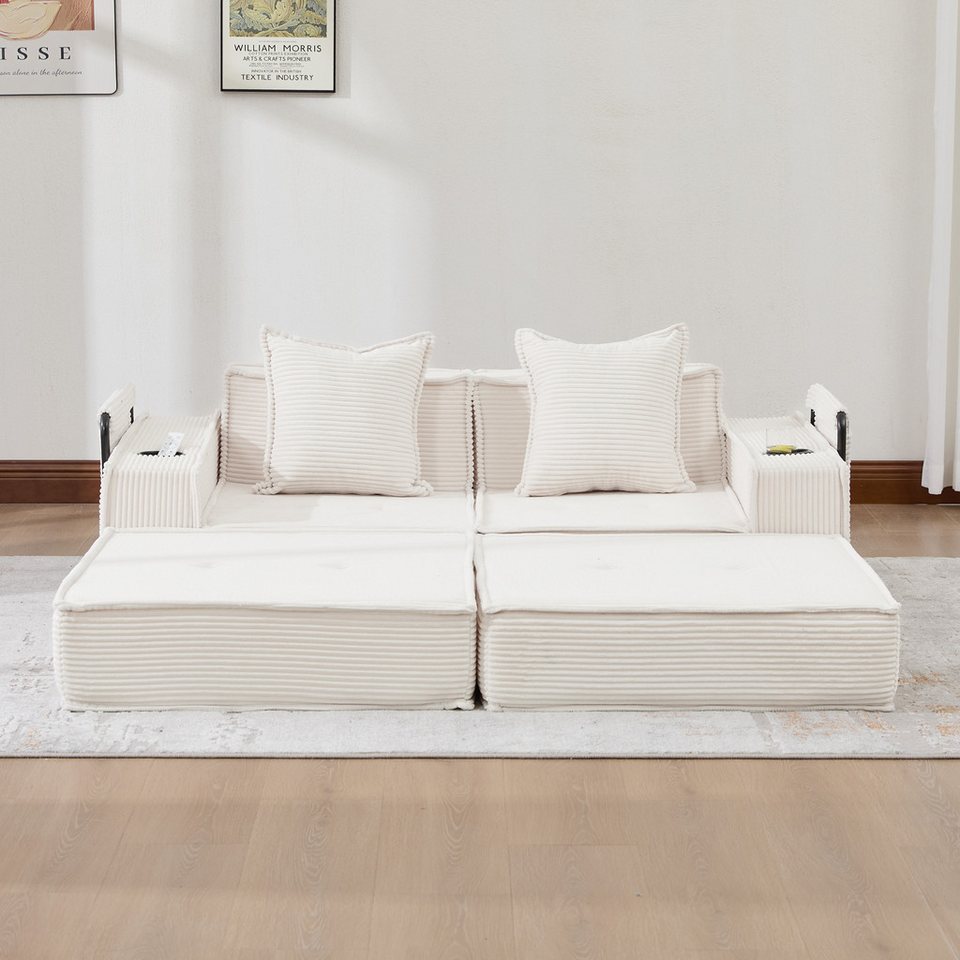 Cord Schlafsofa 2-Sitzer in Beige mit Fußhocker und zwei Kissen