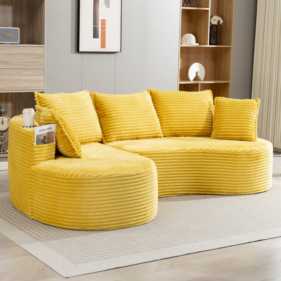 Gelbes Cord Bogensofa mit drei Sitzplätzen und Becherhalter
