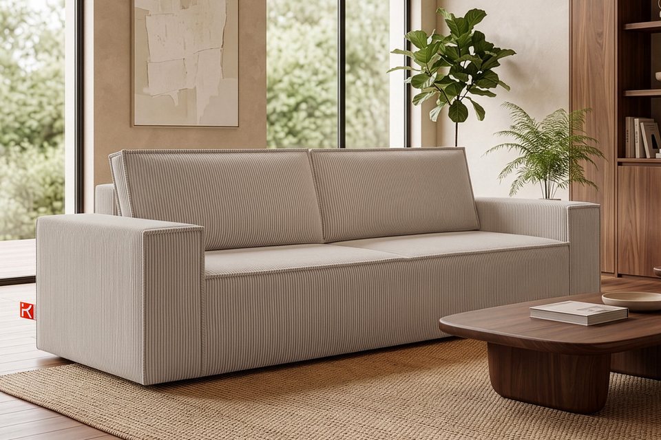 Cord Schlafsofa NAPI in Beige mit Schlaffunktion und Bettkasten