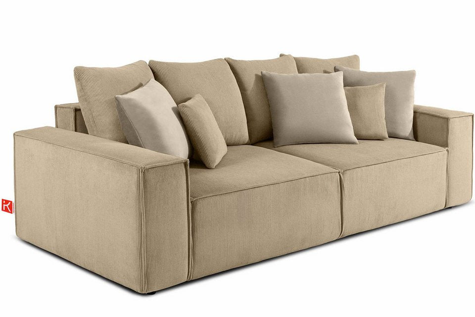 Cord Schlafsofa NAPI III in Cremefarben mit neun Kissen