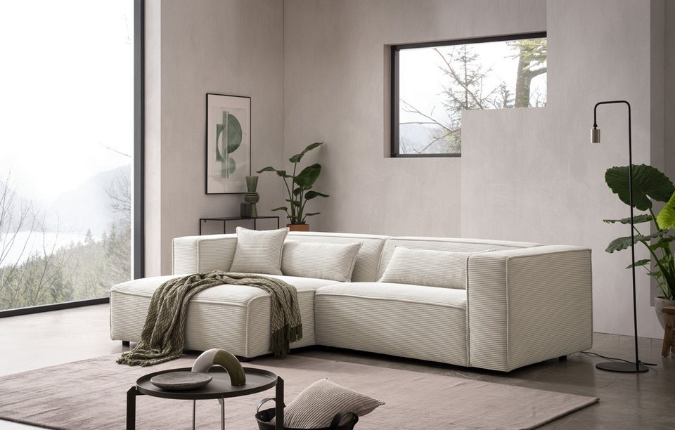 Cord Ecksofa PIARA in Hellbeige mit Ottomane links