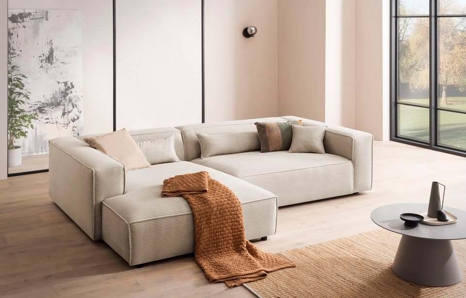 Cord Ecksofa PIARA XXL 288 cm in Hellbeige mit Ottomane links