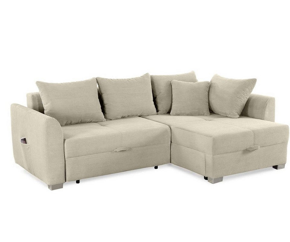 Cord Ecksofa in Beige Grau mit Ottomane