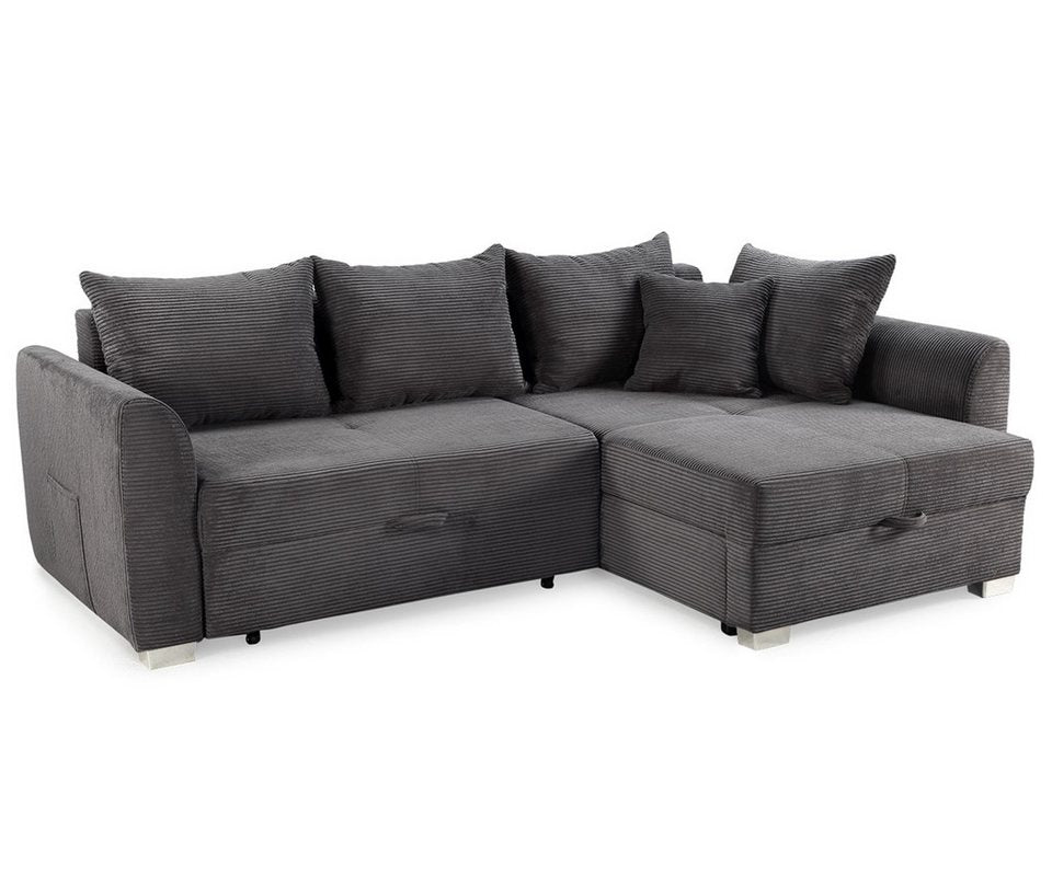 Cord Ecksofa 15202 in Dunkelgrau mit Ottomane