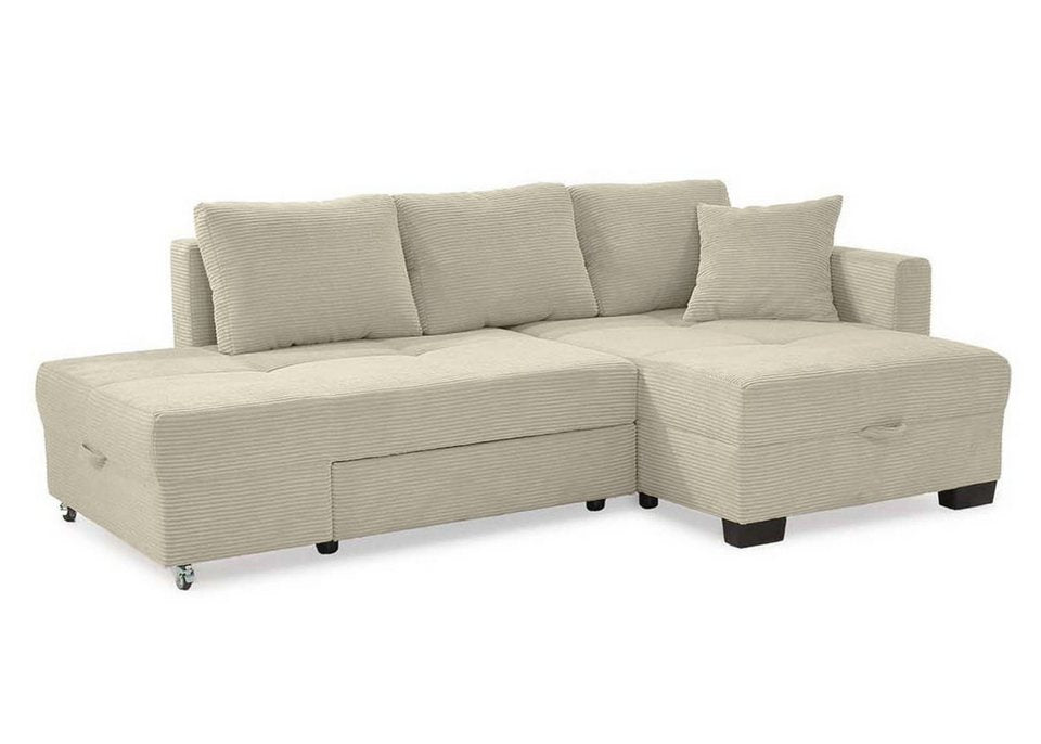 Cord Ecksofa 15215 in Beige Grau mit Dreh-Schwenk-Ottomane