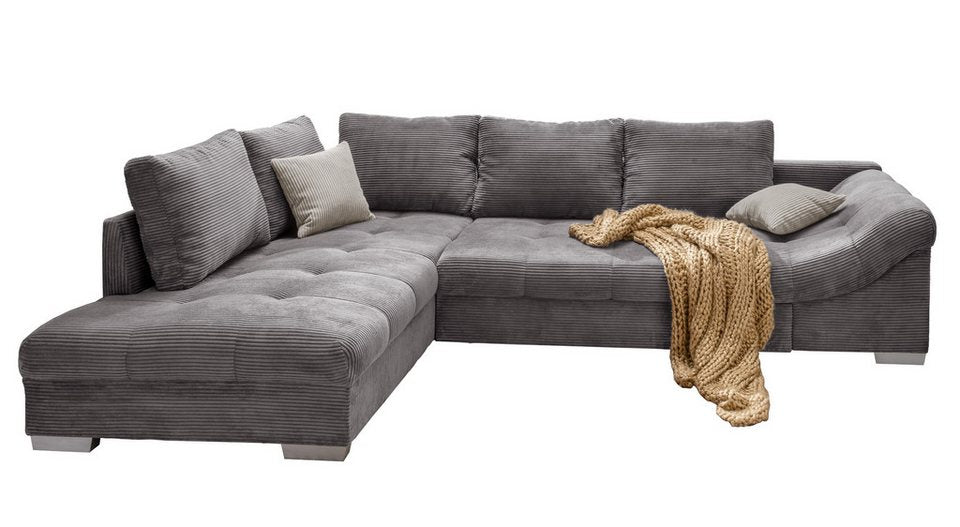 Cord Ecksofa 17202 in Grau mit Ottomane links