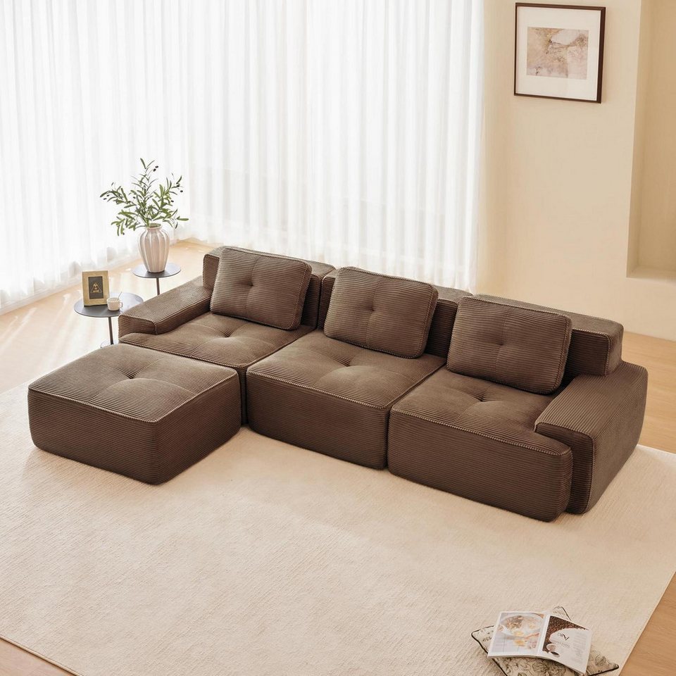 Modulares Cord Ecksofa in Braun mit Hocker