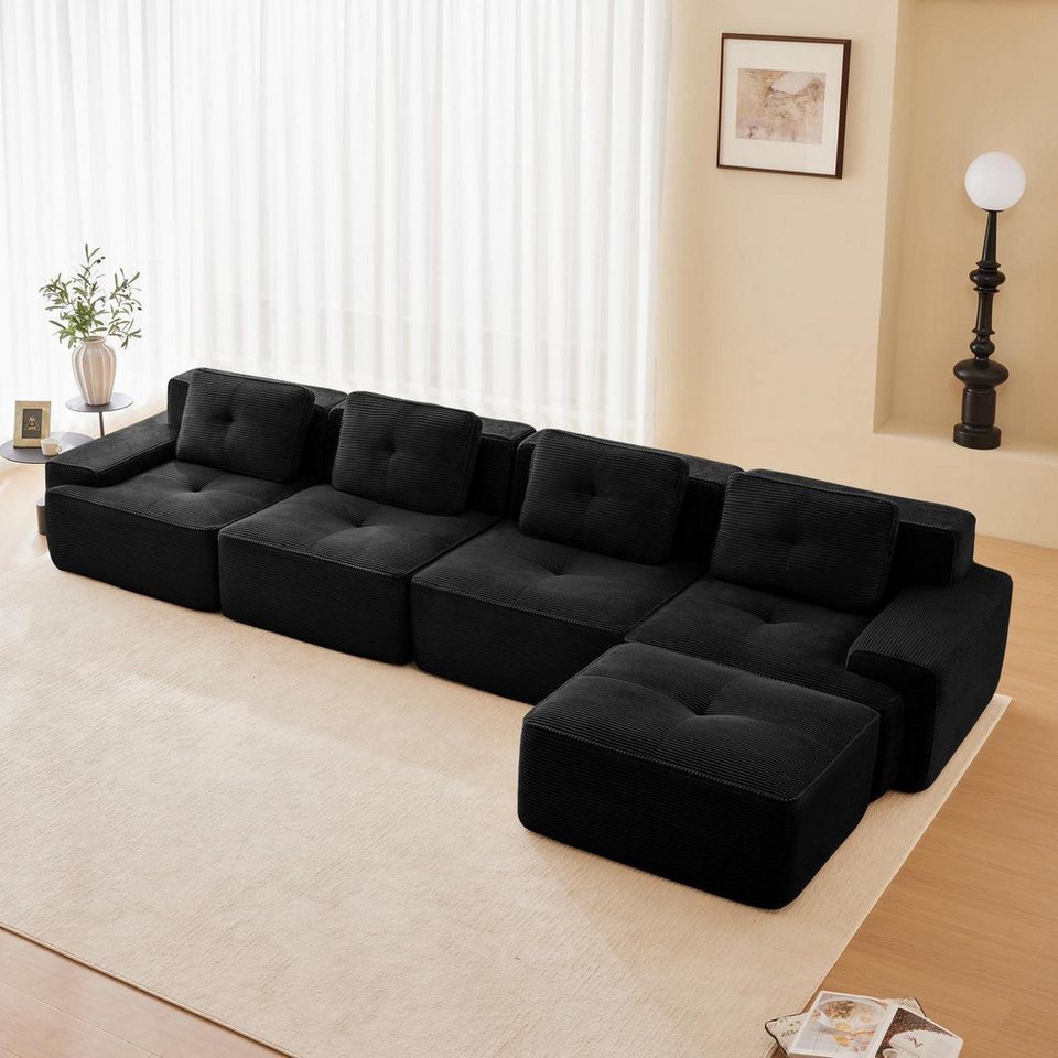 Modulares Cord Ecksofa in Schwarz in L-Form mit vier Sitzplätzen und Hocker