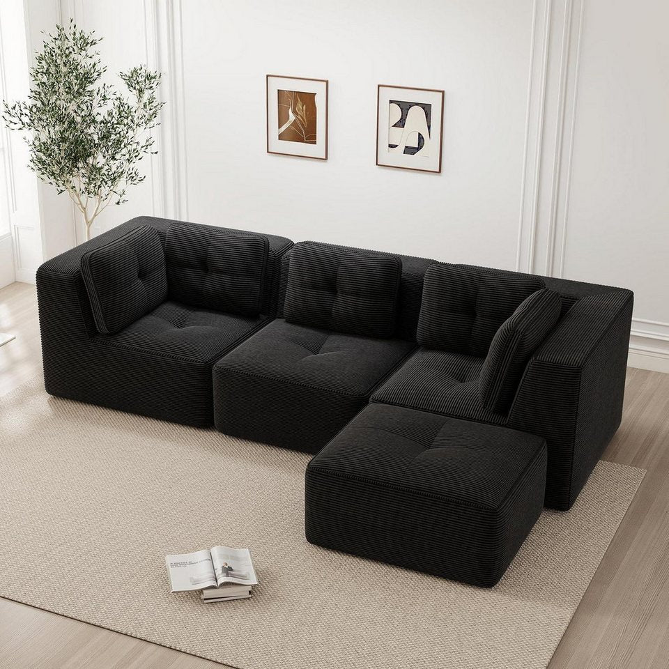 Cord Ecksofa modular rahmenlos in Schwarz 2C1S+1O