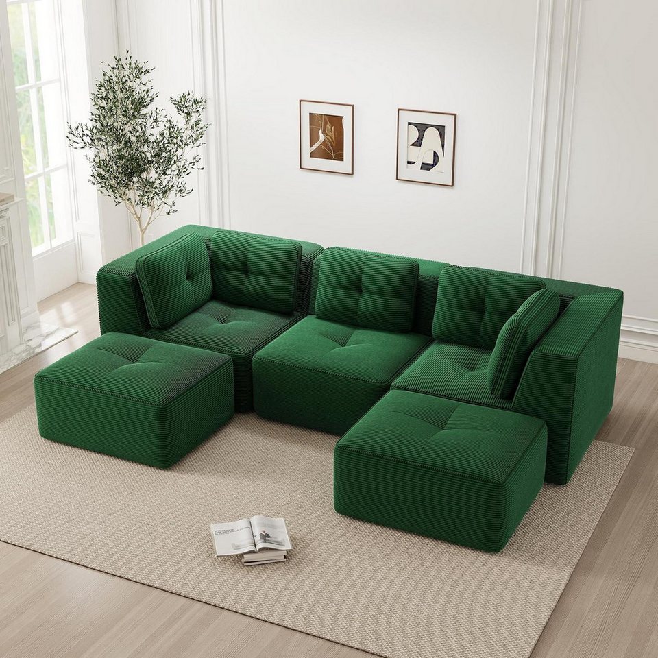Grünes modulares Cord Ecksofa 2C1S+2O mit Ottomane