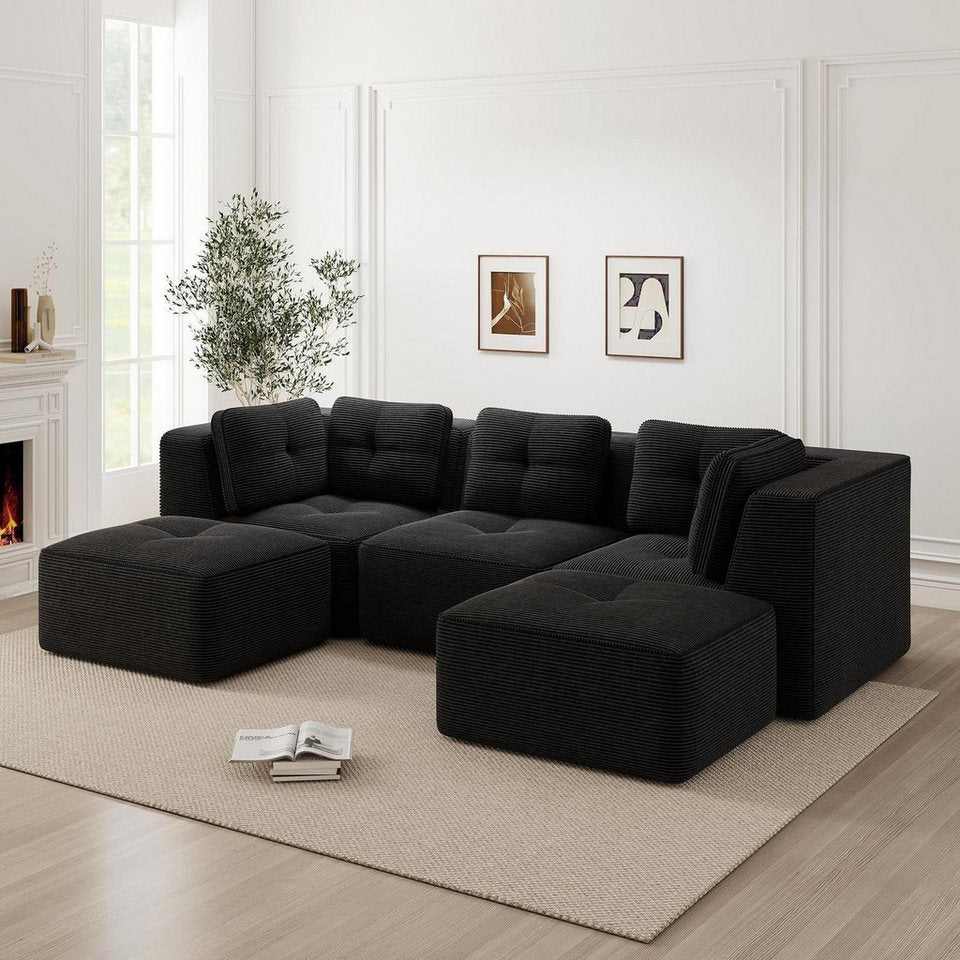 Modulares Cord Ecksofa 2C1S+2O in Schwarz