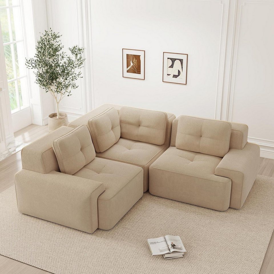 Modulares Cord Ecksofa in Beige mit tiefer Sitzfläche