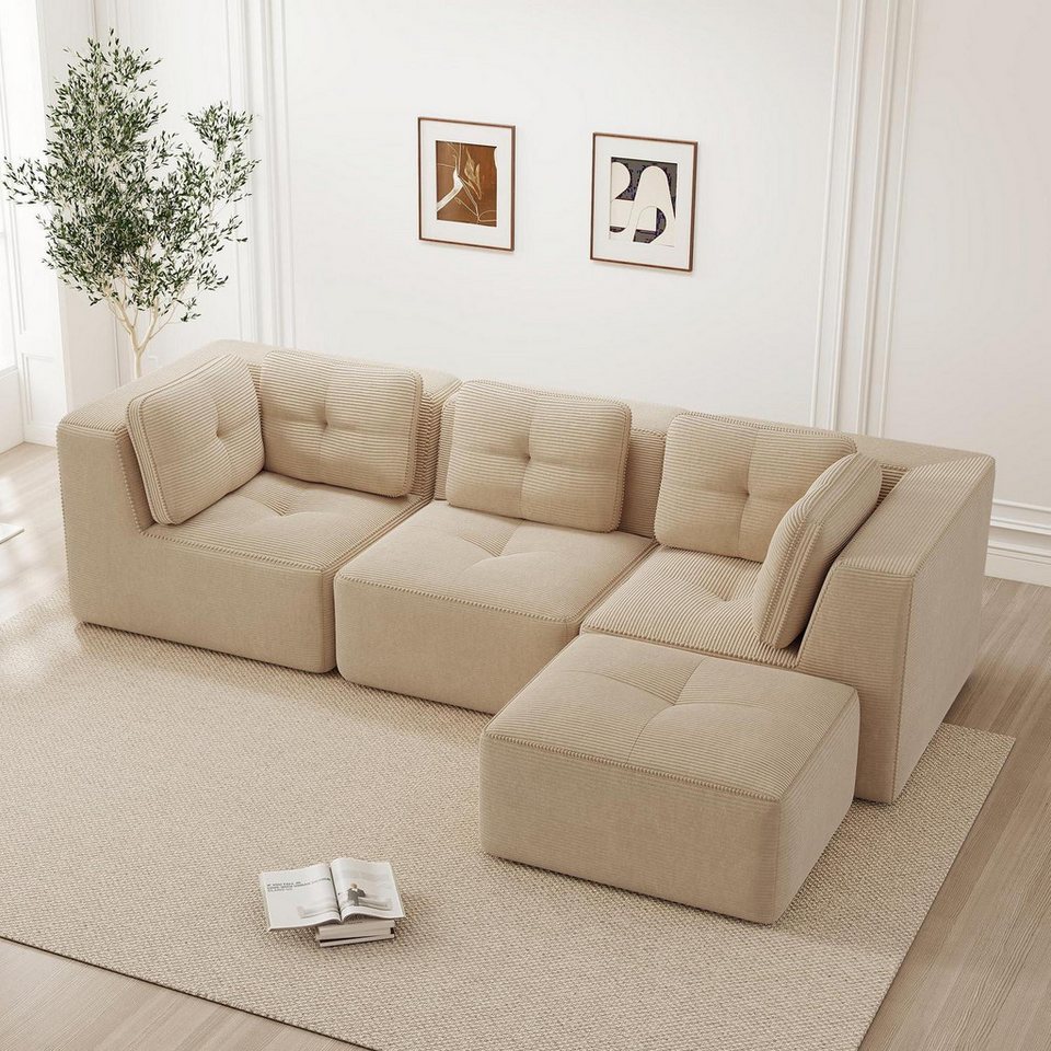 Modulares Cord Ecksofa 2C1S+1O in Beige