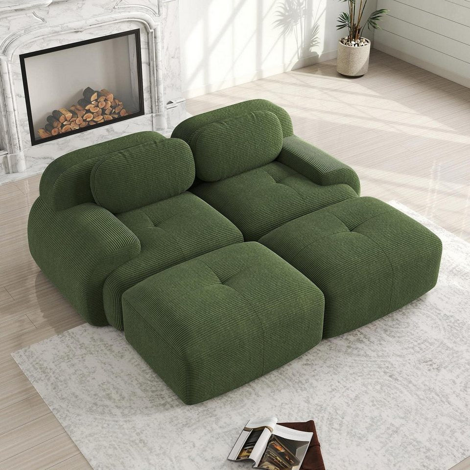 Grünes Cord Ecksofa mit zwei Hockern