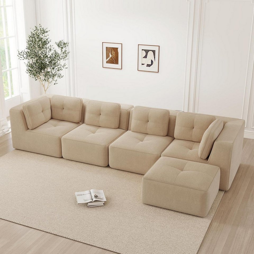 Modulares Cord Ecksofa in Beige mit Ottomane und tiefer Sitzfläche