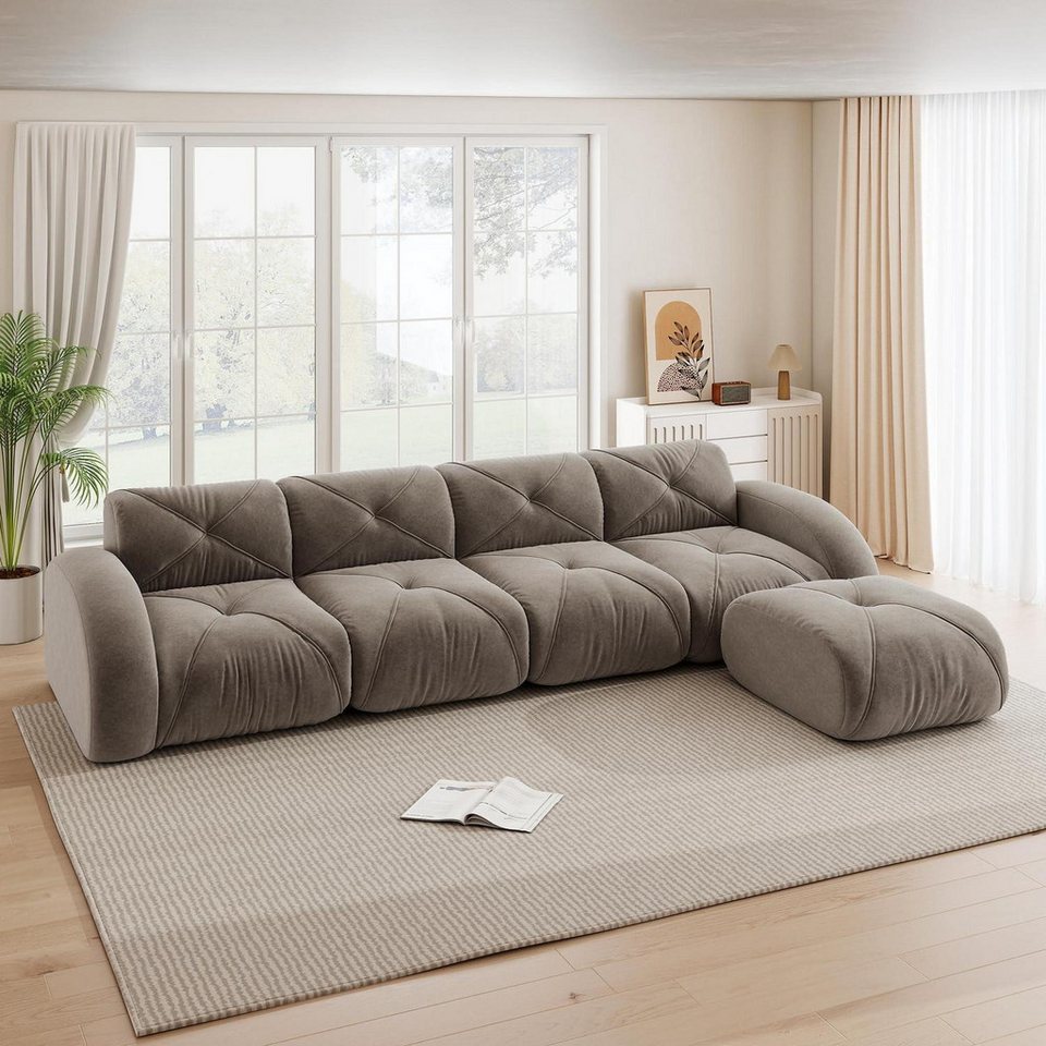 Modulare Cord Wohnlandschaft in Braun mit Fußhocker in L-Form