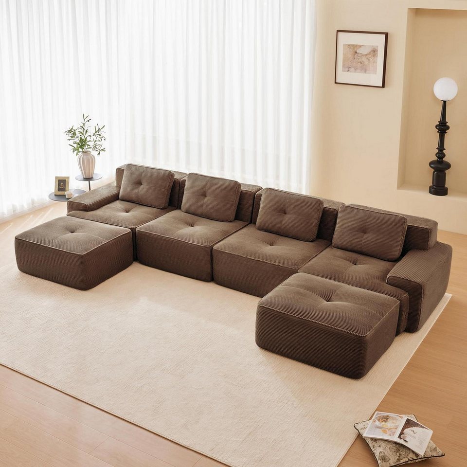 Modulare Cord Wohnlandschaft in Braun mit 4 Sitzplätzen und 2 Hockern