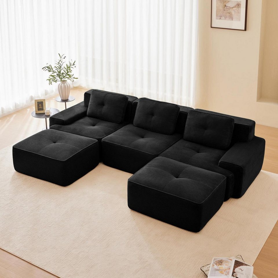 Modulare Cord Wohnlandschaft in Schwarz mit drei Sitzplätzen und zwei Hockern
