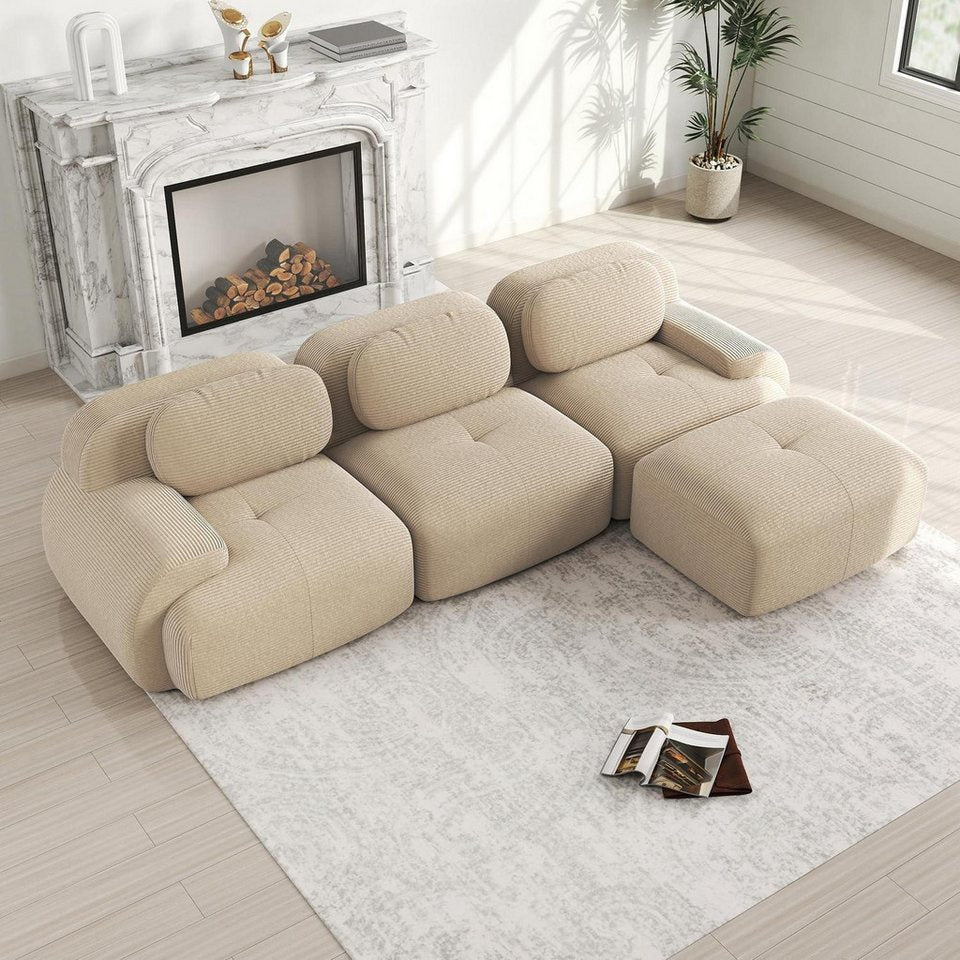 Modulare Cord Wohnlandschaft in Beige mit Ottomane