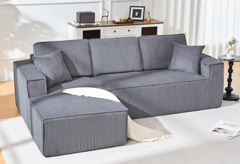 Graues Cord Ecksofa in L-Form mit 235 cm Breite