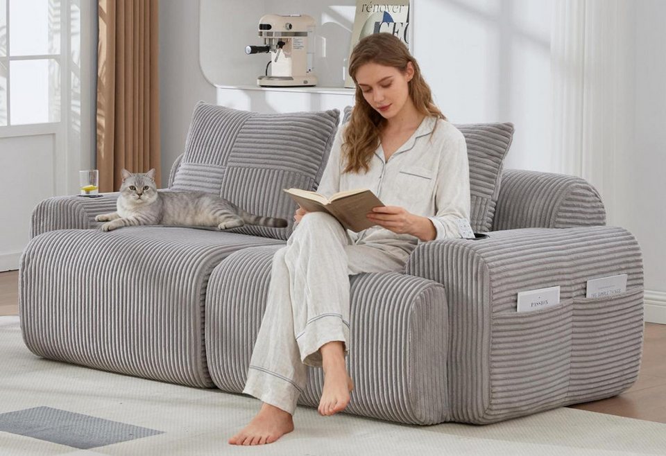 Modulares Cord Sofa in Hellgrau mit Getränkehalter