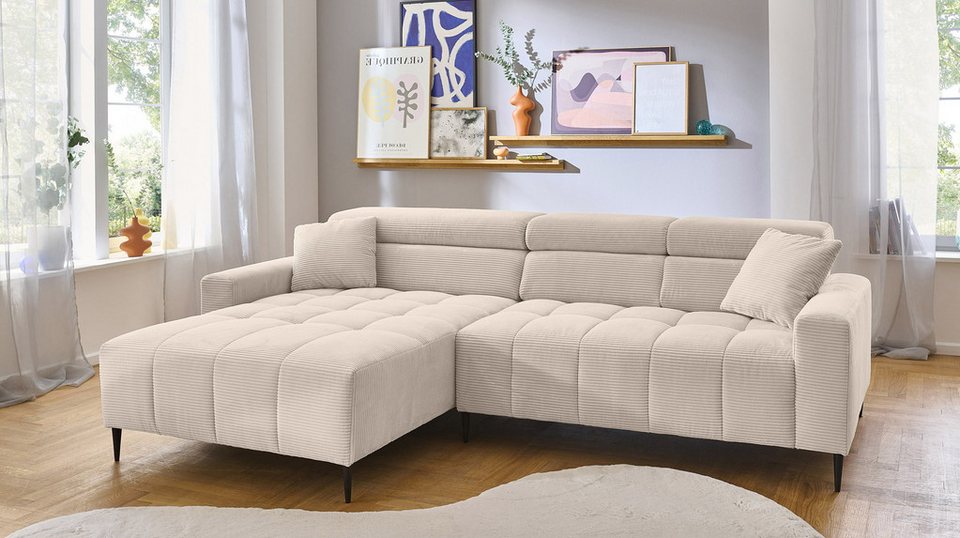 Cord Ecksofa SIMPLE in Beige mit Ottomane links