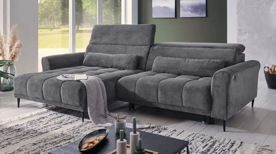 Cord Ecksofa LOGAN 277 cm in Grau mit Ottomane links