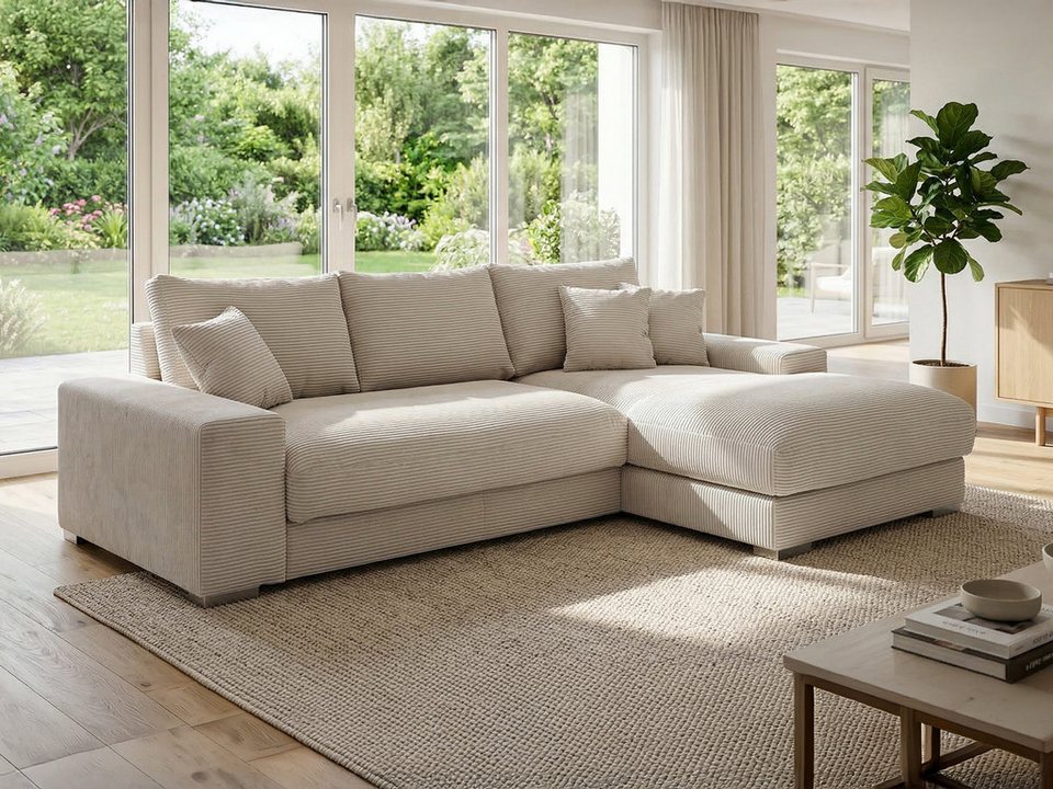 Cord Ecksofa SYDNEY in Beige mit Ottomane rechts