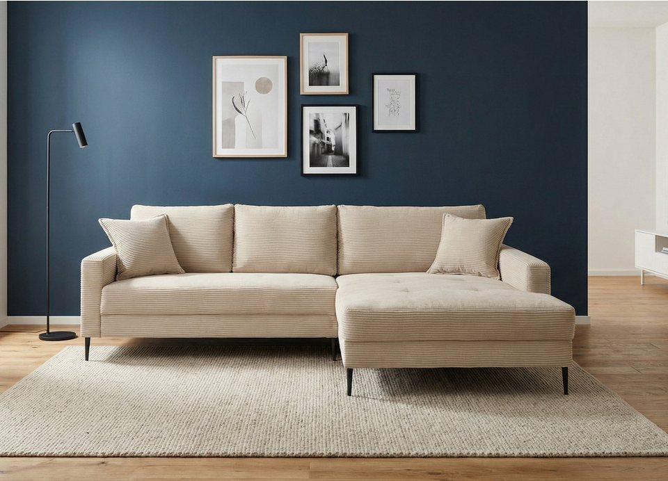 Cord Ecksofa SUMMER 276 cm in Creme mit Ottomane rechts