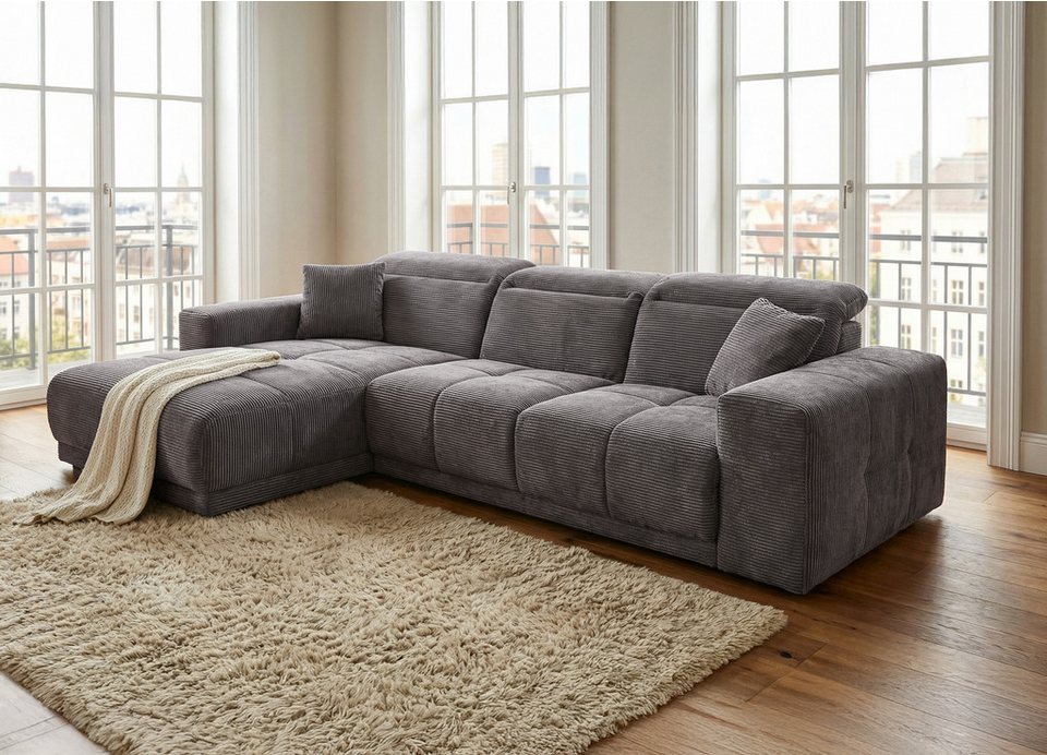 Cord Ecksofa TONI in Grau mit elektrischer Relaxfunktion