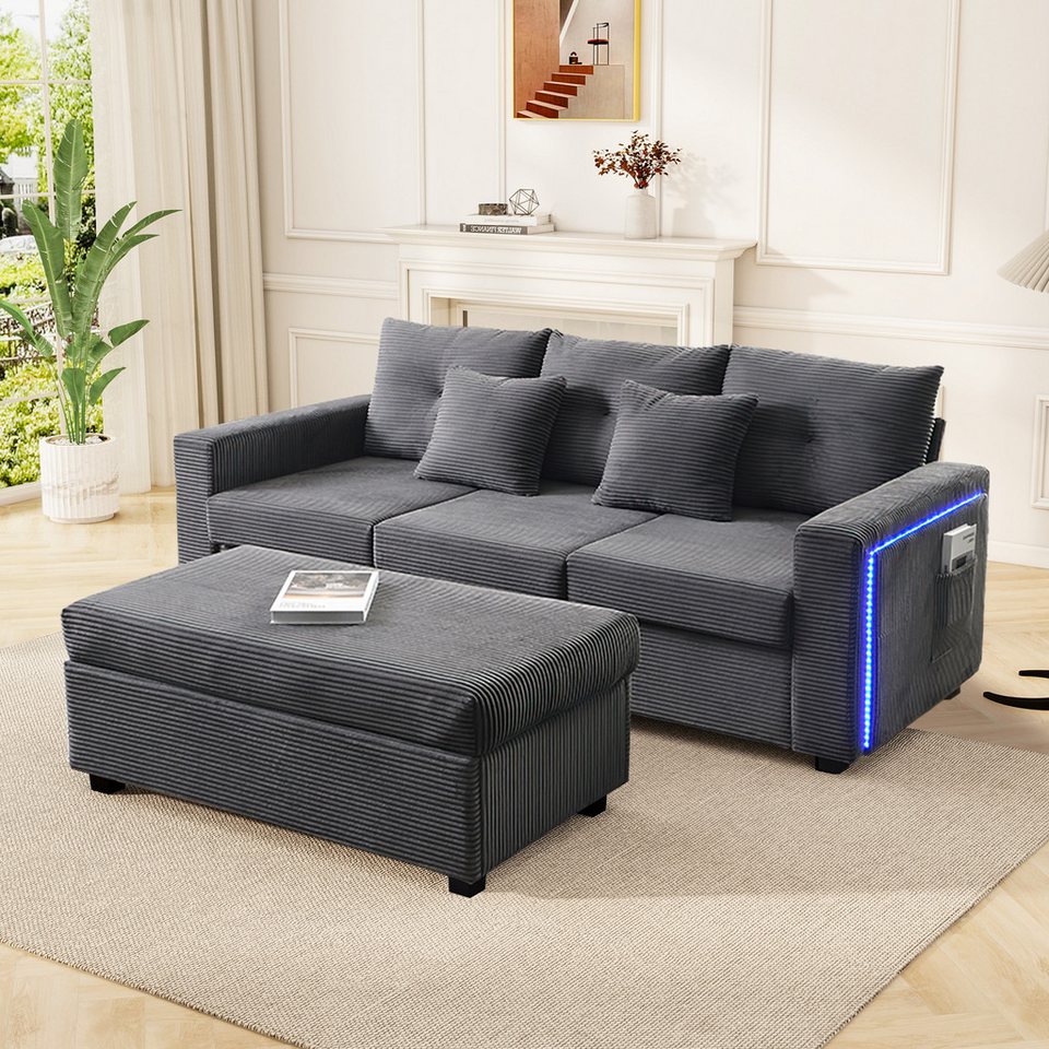 Cord Ecksofa 184 cm mit Ottoman und LED-Beleuchtung in Grau