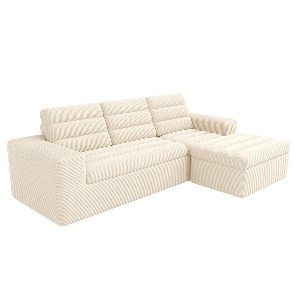 Modulares Cord Ecksofa in Beige mit Hocker
