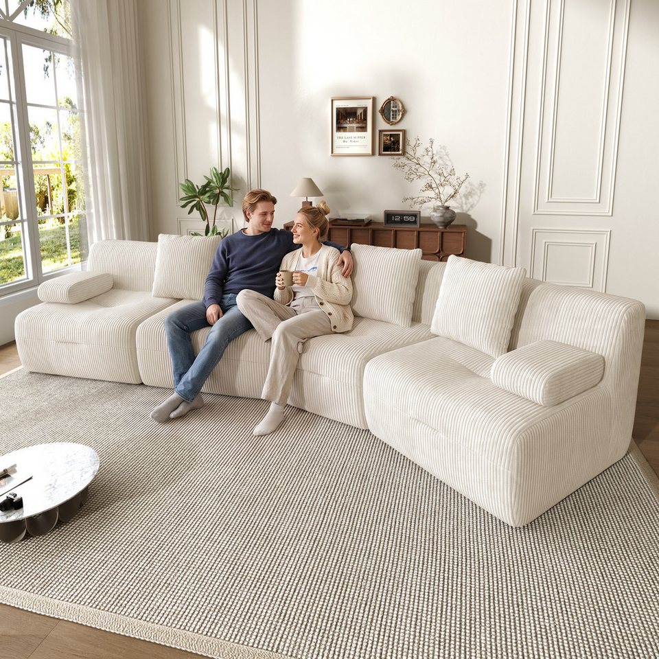 Modulares Cord Sofa in Beige mit vier Sitzmodulen